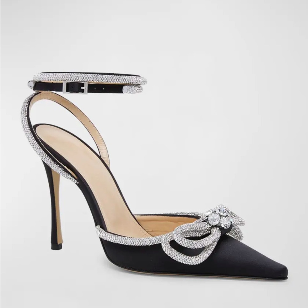 MACH & MACH Strass Double Bow Ankle Strap Pumps in Black Satin size 39